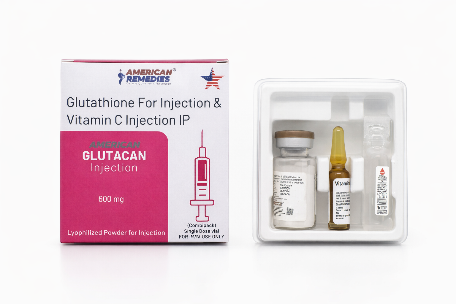 Glutathione 600 mg Lyophilized Vial & Vitamin C Vial By American Remedies
